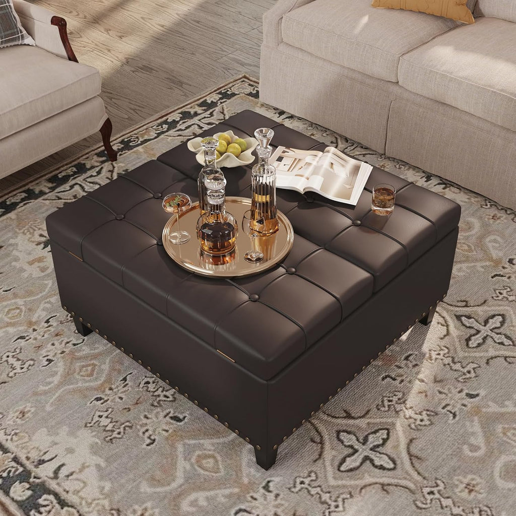 FiveWillowise 31.5 Inch Large Square Ottoman with Storage,Faux Leather | Coffee Table Storage Ottoman Bench with Lift Top Upholstered Footrest Stool Toy Box for Bedroom Living Room,Chocolate