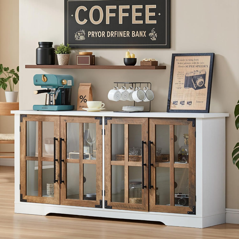 AMERLIFE Farmhouse 63" Buffet Sideboard Cabinet with Glass Door, White