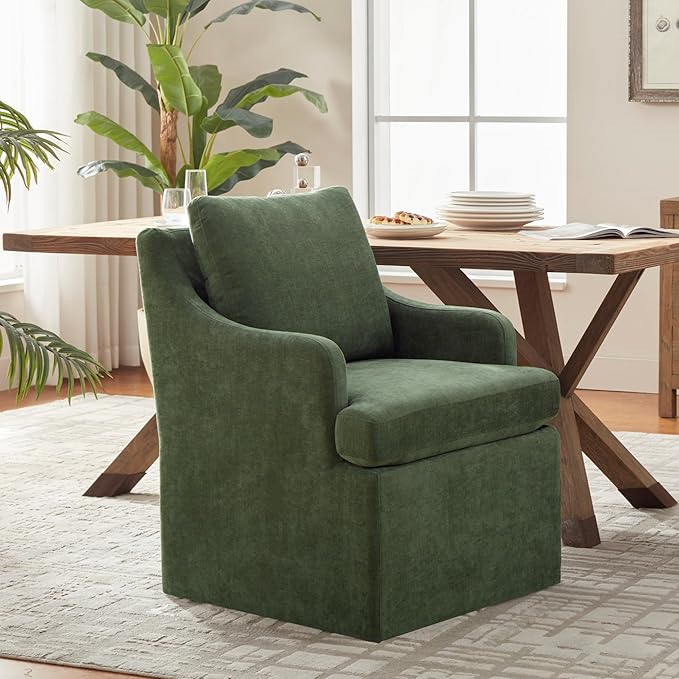 VKNOW Upholstered Dining Chairs Set of 2, Modern Kitchen Chairs Dining Room Chairs with 4 Casters, Chenille Armchair for Bedroom Reading Room Living Room, Green