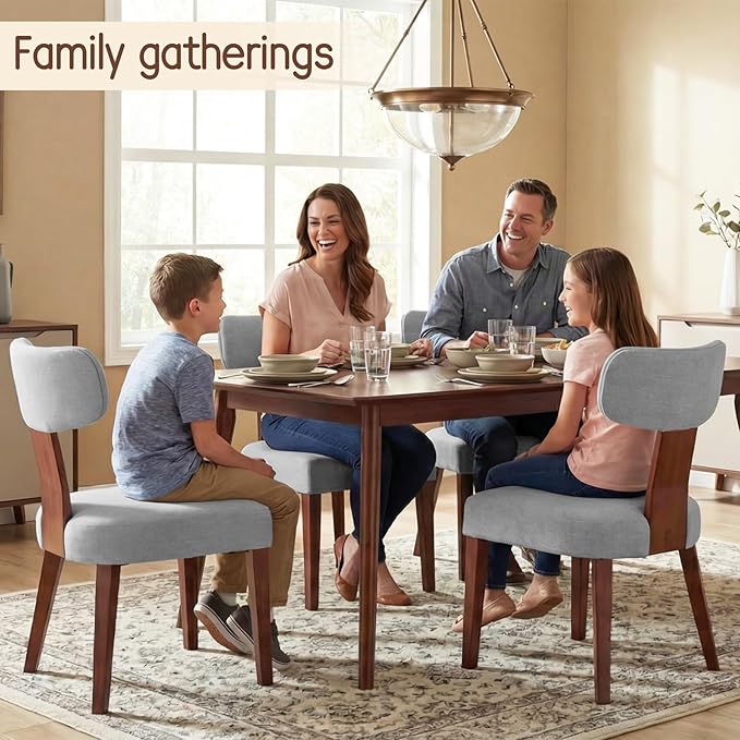 Dining Chairs Set of 4, Mid-Century Modern Upholstered Kitchen Chairs with Curved Backrest and Linen Fabric Seat, Wood Leg Accent Chairs for Dining Room, Living Room, Bedroom, Grey