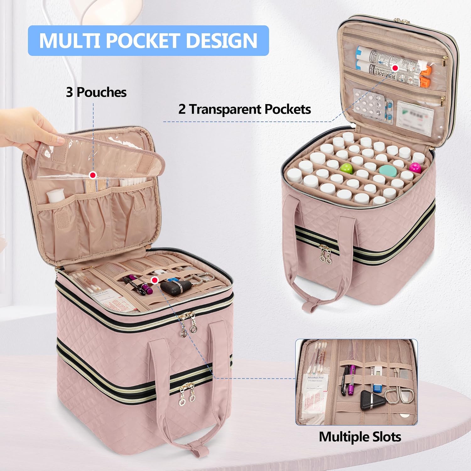 Yarwo Pill Bottle Organizer Storage Bag, 3 Layers Medicine Travel Case Empty with Demountable Design and Dividers for Pills, Potions, Vitamins and Emergency First Aid Supplies, Dusty Rose (PATENTED)