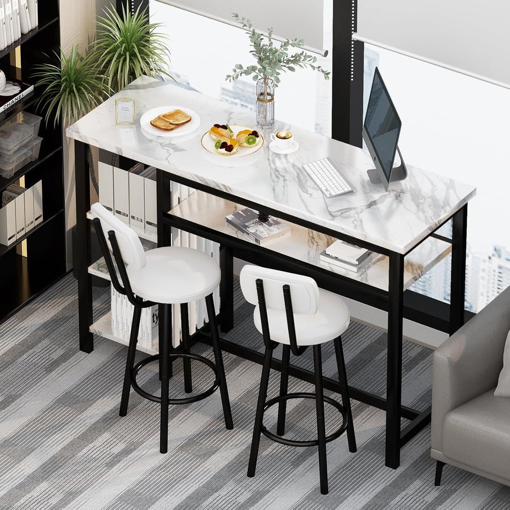 AWQM 3-Piece Bar Table and Chairs Set, Modern White Faux Marble Table with 2 ...