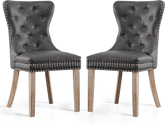 SyMax Dining Chairs Set of 2, Faux Leather Parson Dining Room Chairs, High-End Tufted Kitchen Side Chairs for Bedroom, Living Room, Gray