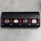 DailyWatch | Watch Roll Travel Case For 4 Watch | Luxury Watch Case In Genuine Black Leather With Soft Velvet Interior | Watch Case Protect, Store, & Display Your Watches | Black Cherry