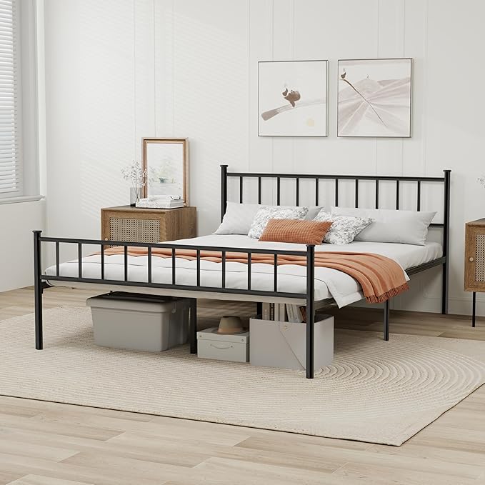 Metal Platform Queen Bed Frame with Headboard Sturdy Steel Slats Support No Box Spring Needed Easy Assembly Black