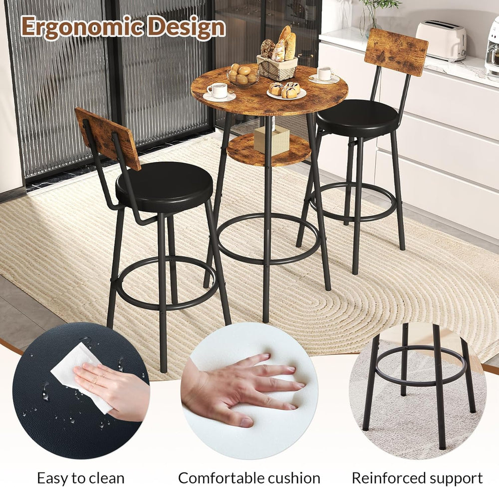 Zevemomo 3 Pieces Round Bar Table Set, Small Dining Table for 2, Modern Kitch...