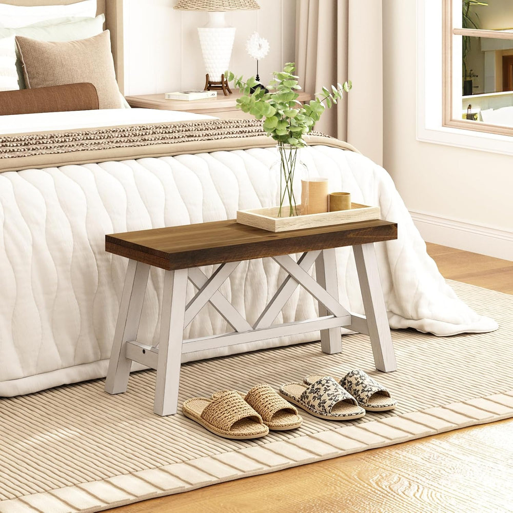 Wnutrees 30" Farmhouse Solid Wood Bench, Rustic Entryway Bench, White | ...
