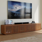POVISON Full Assembled Mid Century Modern TV Stand, Wood Slatted Media Console for 75+ inch TV, Entertainment Center with Storage for Living Room, Low Cabinet with Removable Shelves