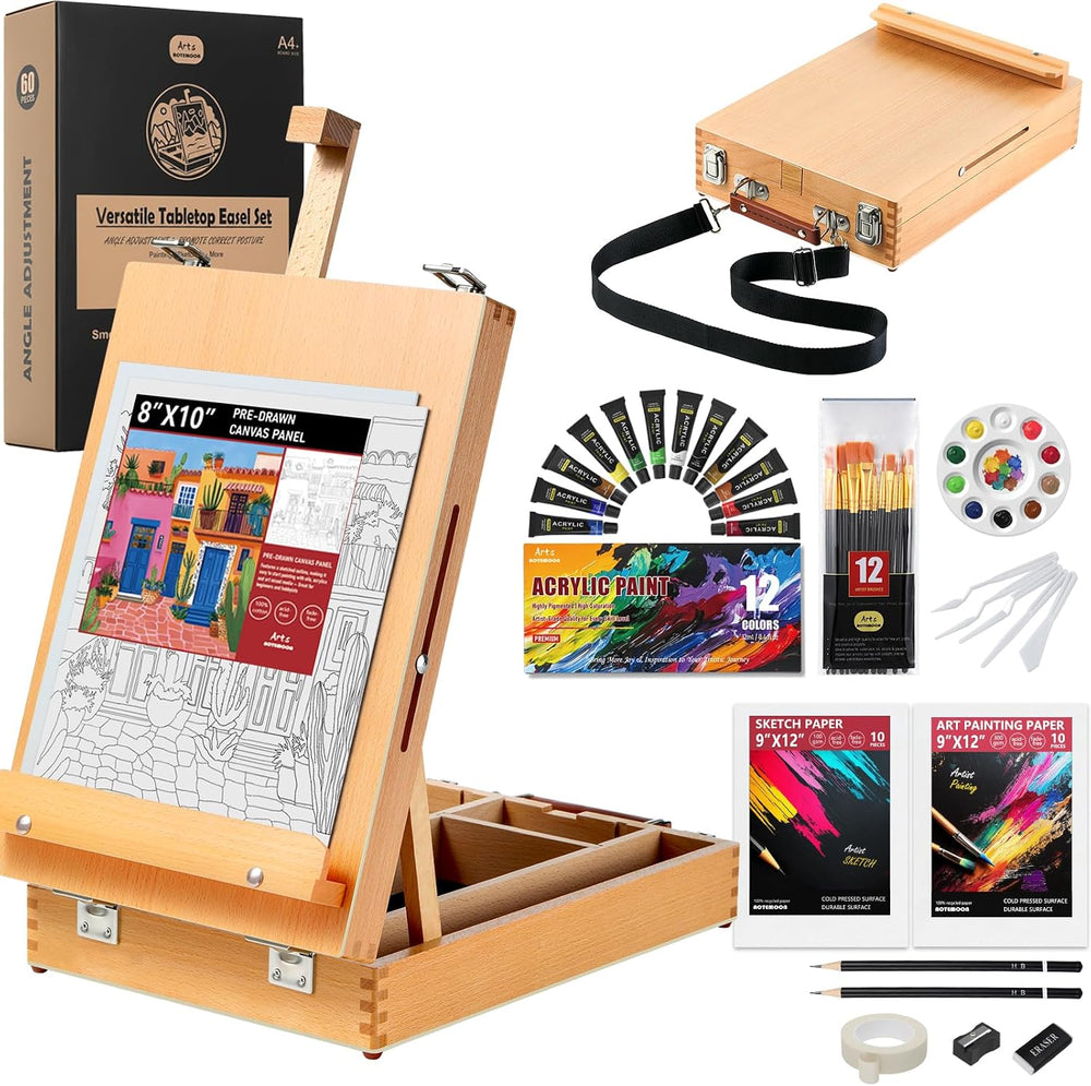 60 Pieces Beechwood Tabletop Easel Set for Painting with Shoulder Strap