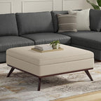 SIMPLIHOME Owen 40 inch Wide Mid Century Modern Square XL Coffee Table Storage Ottoman in Natural Polyester Fabric, Assembled, for The Living Room, Entryway and Family Room