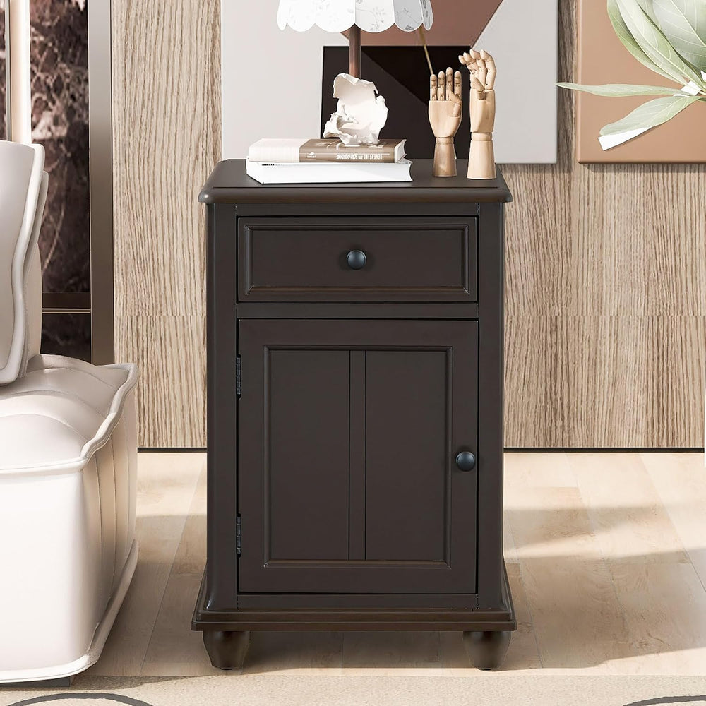 End Table with Solid Wood Legs, Side Table with USB Ports, 1 Storage Cabinet ...