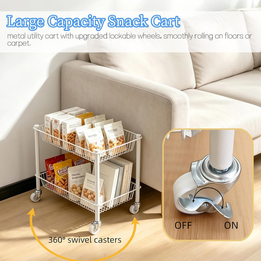 2 Tier Small Utility Cart on Wheels Short Rolling Pantry Cart Thick Metal Wire Basket Stand, Fruit Vegetables Storage Rack for Kitchen, Under Desk Storage for Small Space Bathroom Laundry, White