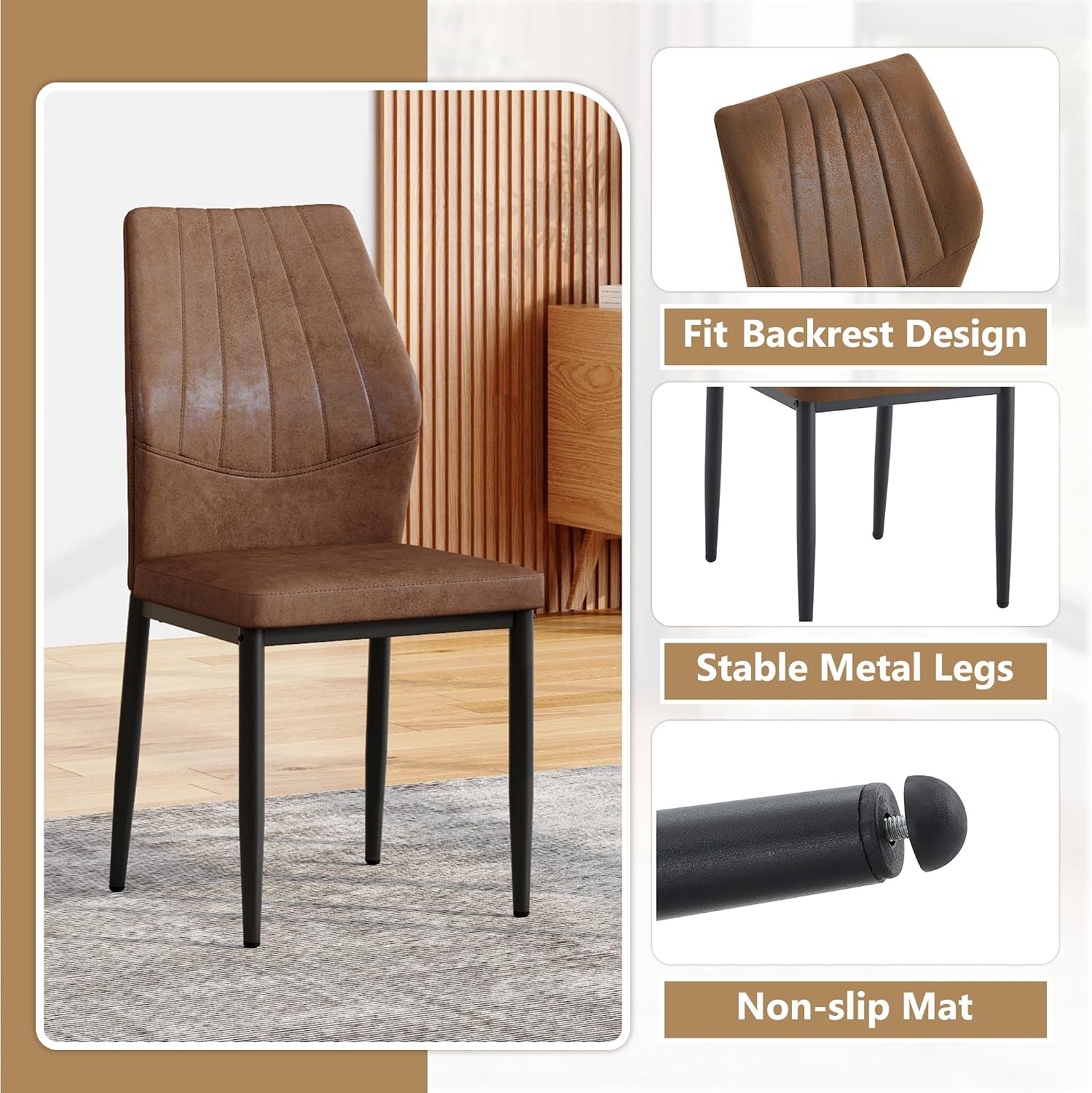 Brown Dining Chairs Set of 6,Rustic Kitchen Chairs for Dining Room | Rustic Farmhouse Upholstered, Soft Cushion and Black Metal Legs, Mid Century Modern, Easy to Assemble For Home Office