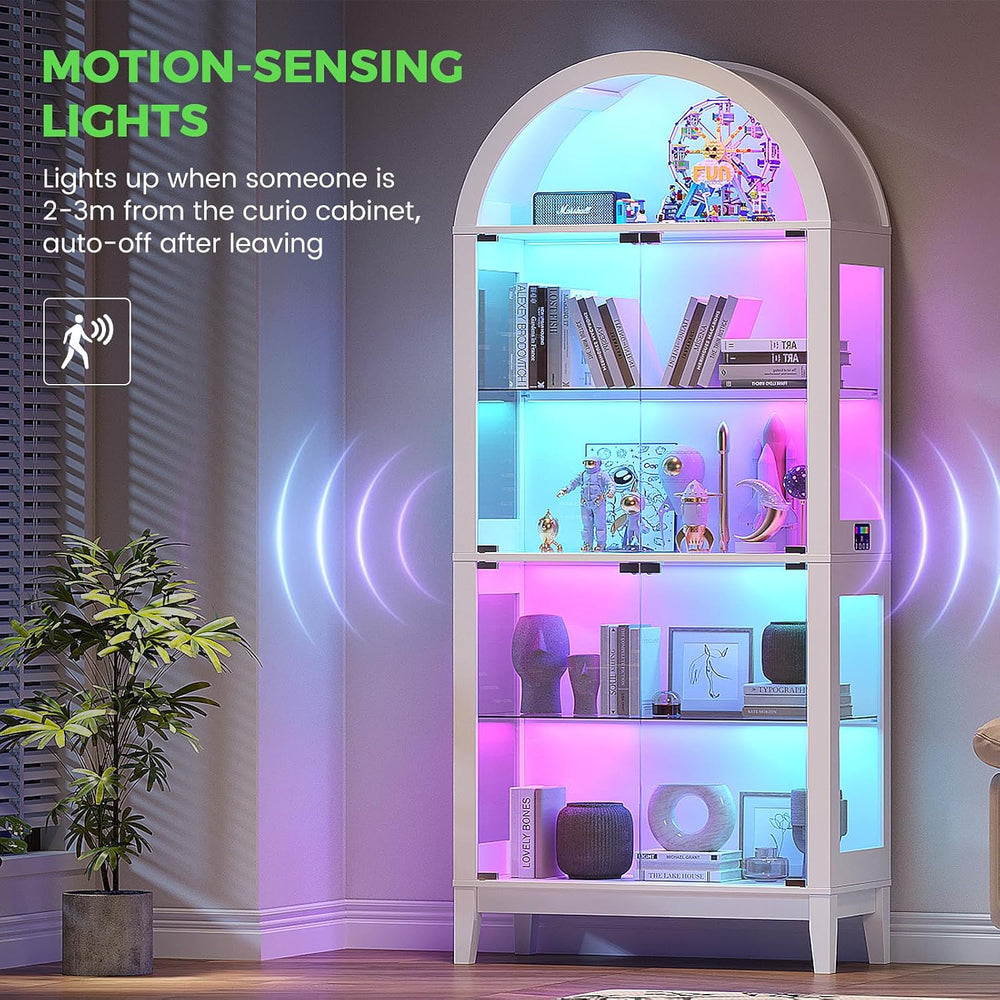 HNEBC Arched Display Case with RGB Lights, 69" Tall 5-Tier Tempered Glas...