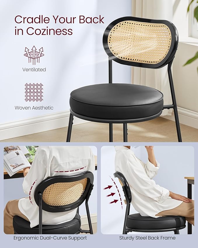 VASAGLE Dining Chairs, Set of 2 Accent Chair for Dining Room Kitchen, with Boho PE Rattan Back, Synthetic Leather Upholstery, Ink Black ULDC160B02