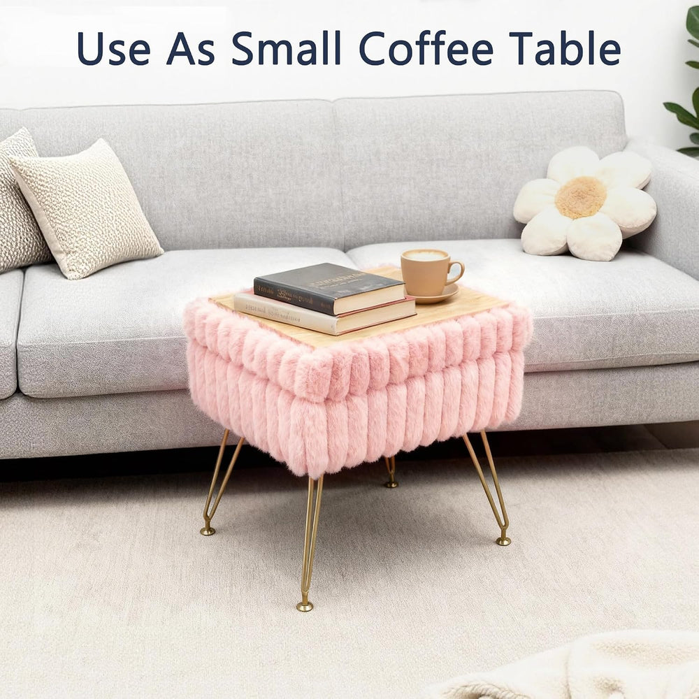 Vanity Stool Chair with Storage, Faux Fur Soft Padded Ottoman with Coffee Tab...