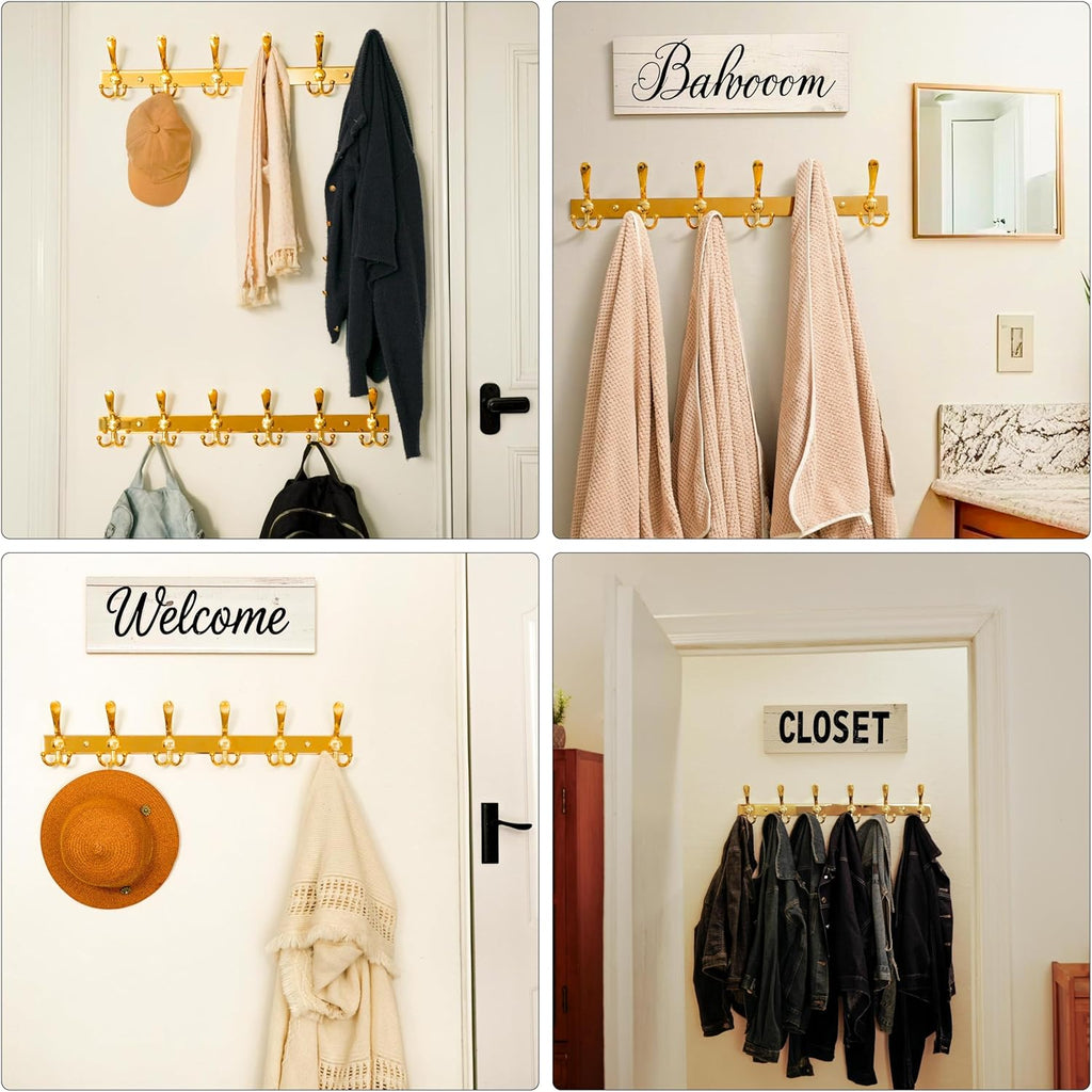 Dseap Coat Rack Wall Mount 2.0 Pro: 24” Long, 3X Tougher, Heavy Duty Stainless Steel Wall Coat Hanger with 6 Tri Hooks for Clothes Jackets Hats Entryway Closet, Gold, Pack of 2