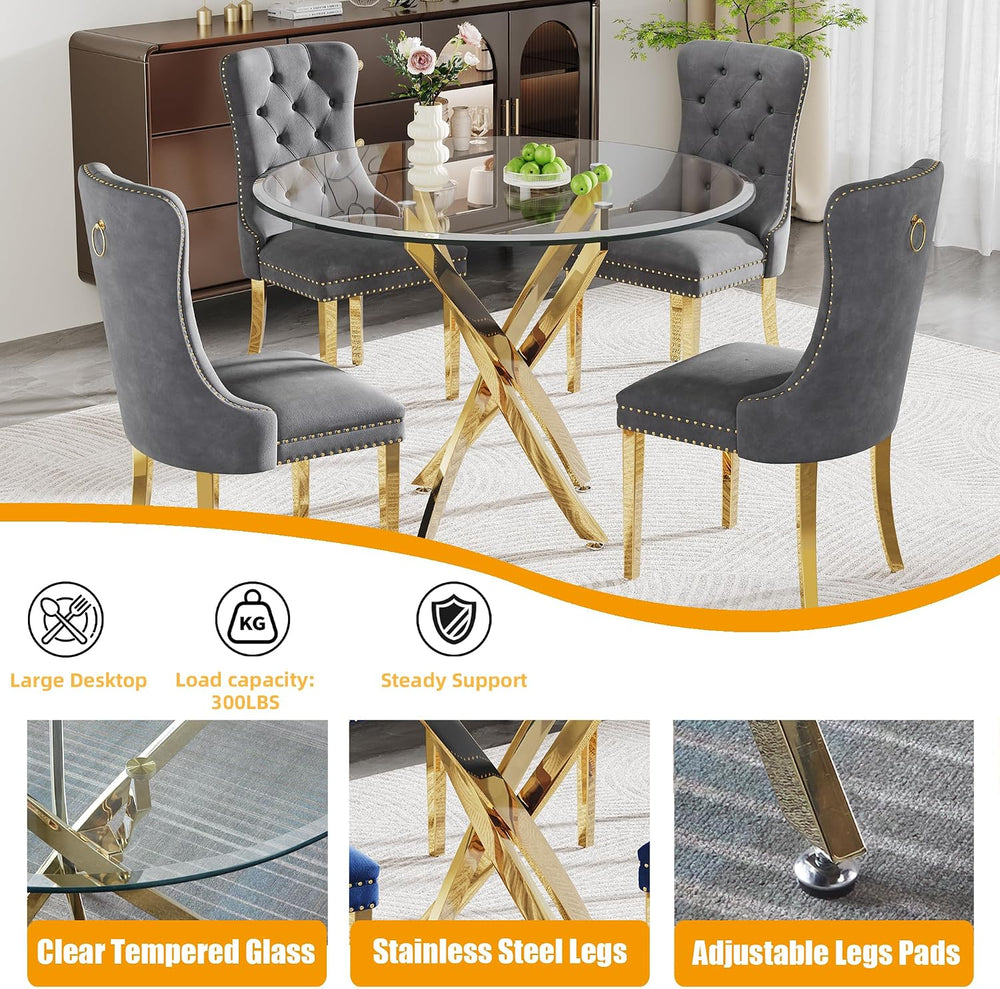 Glass Dining Table Set for 4, 5-Piece Round Tempered Glass Kitchen Table Set ...