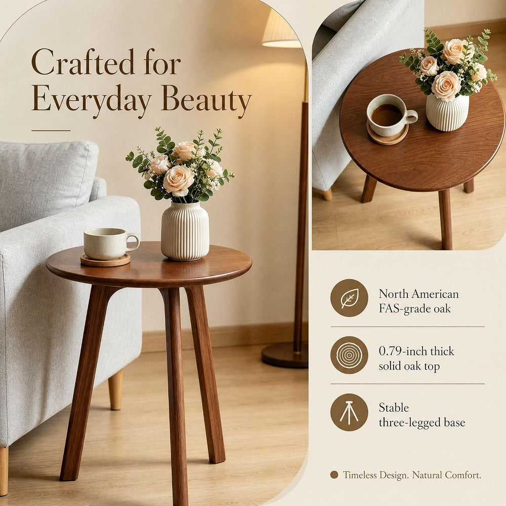 Walnut Small Round Side Table, Solid Oak Wood End Table with 3-Leg Design for...