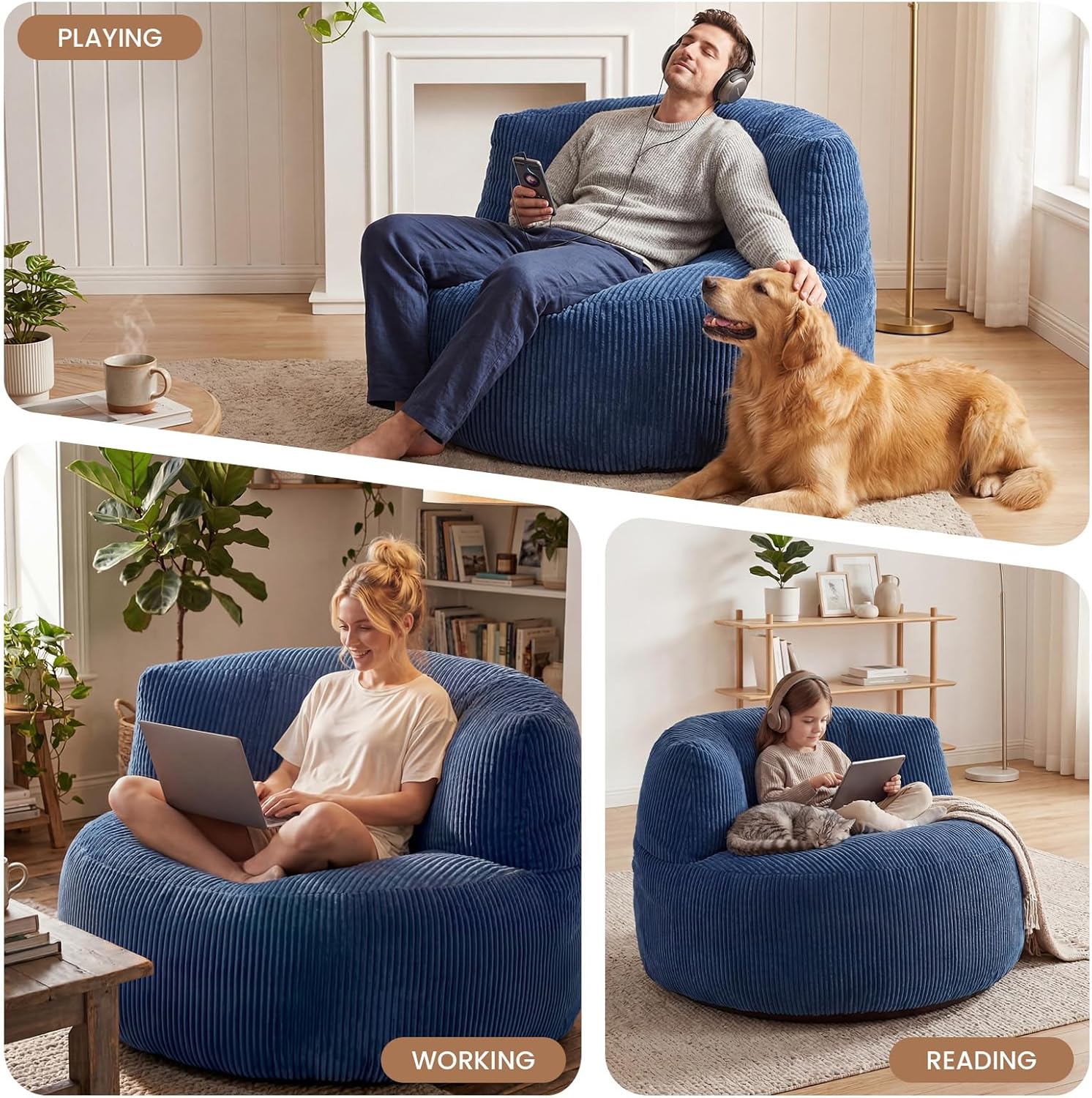 MASVIS Bean Bag Chair,3ft Memory Foam Bean Bag Chair for Adults Kids Teens,Soft Velvet Comfy Floor Chair with Supportive Backrest,Lazy Sofa Lounge Chair for Living Room Bedroom Game Room,Navy