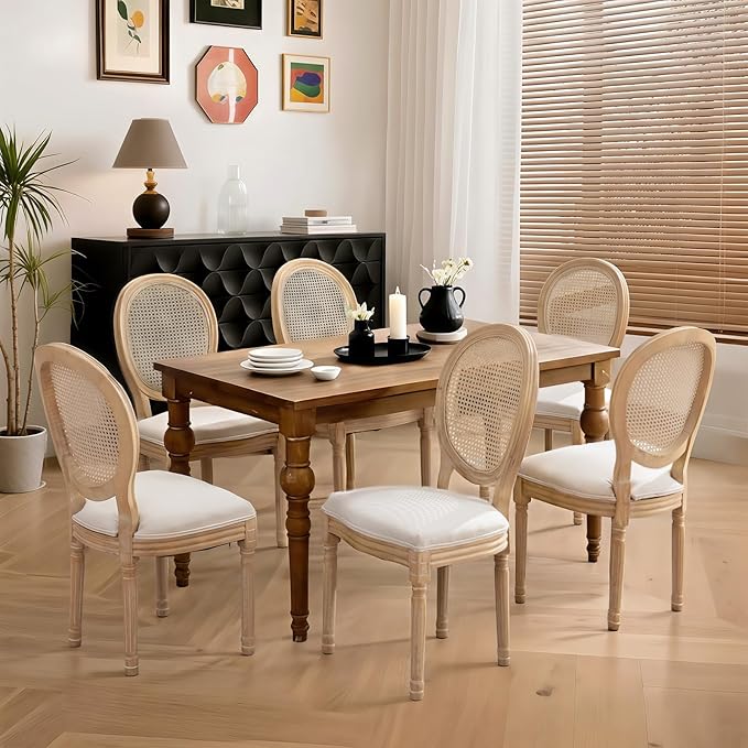 French Country Dining Chairs Set of 6,Farmhouse Upholstered Dining Room Chairs with Round Back and Solid Leg,Rattan Kitchen Chairs for Kitchen/Bedroom/Dining Room,Beige