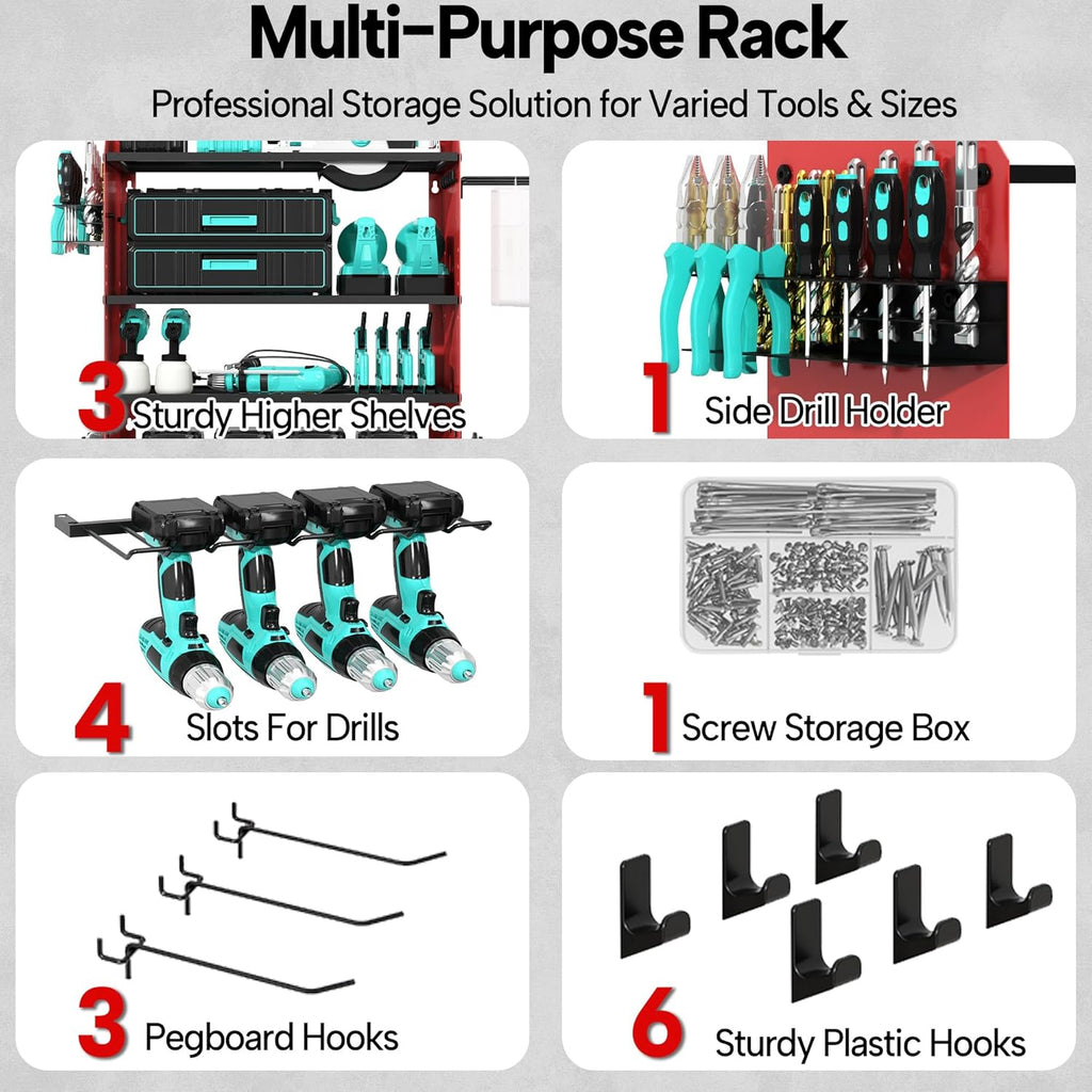 4 Layer Heavy Duty Power Tool Organizer Wall Mount with Charging Station, Adjustable Metal Storage Rack, 6 Outlets Power Strip, Drill Holders, Hooks & Drill Bit Rack for Garage, Workshop, Red