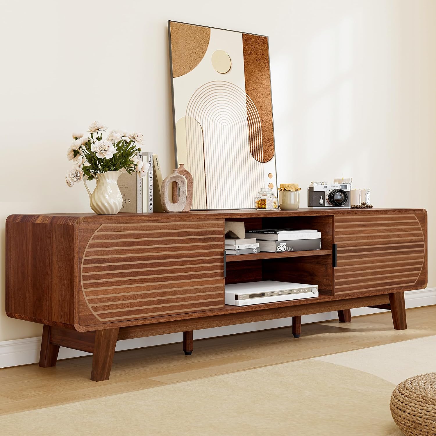 Turtle&Myrtle Mid Century Modern TV Stand with Sliding Doors, TV Consoles, Media Consoles for TV up to 70 Inch, Entertainment Center with Storagefor Living Room, 63 Inch (Walnut)