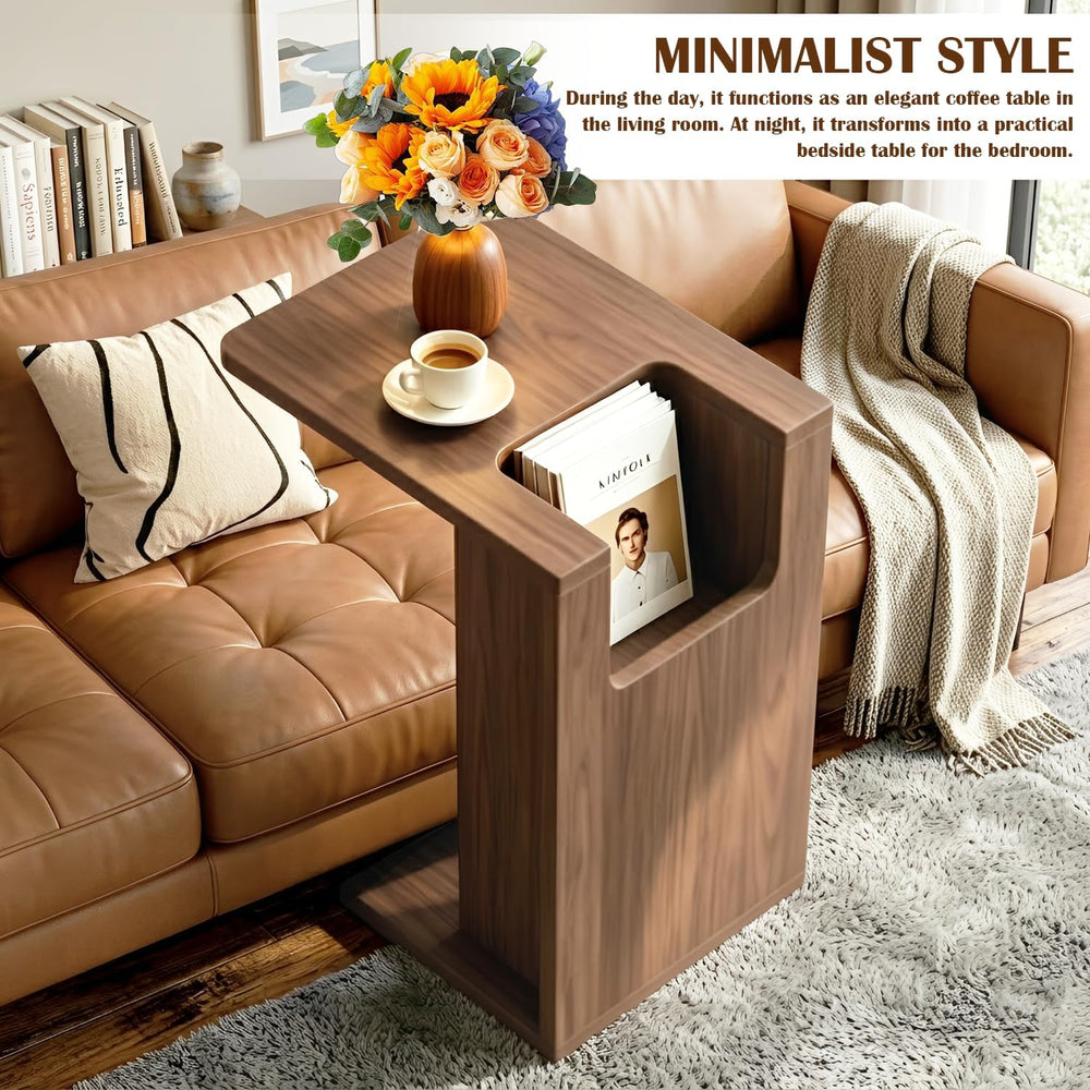 Modern C Shaped End Table for Couch,Walnut Solid Wood Nightstand,Slide Under ...