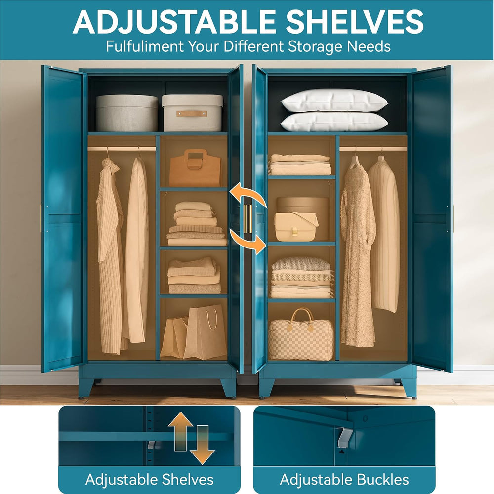 Metal Armoire Wardrobe Closet, Blue Farmhouse Storage Cabinet with Adjustable...