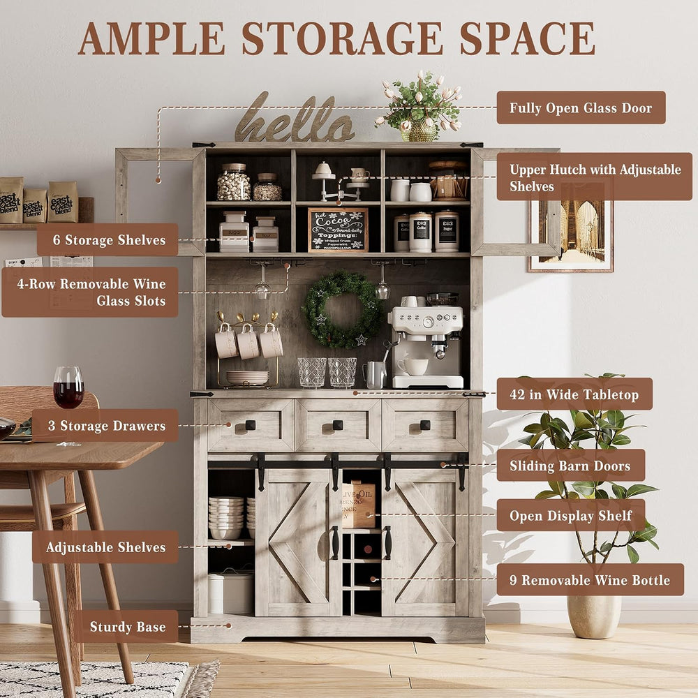 72" Kitchen Pantry Storage Cabinet with Hutch and Sliding Barn Door, Far...
