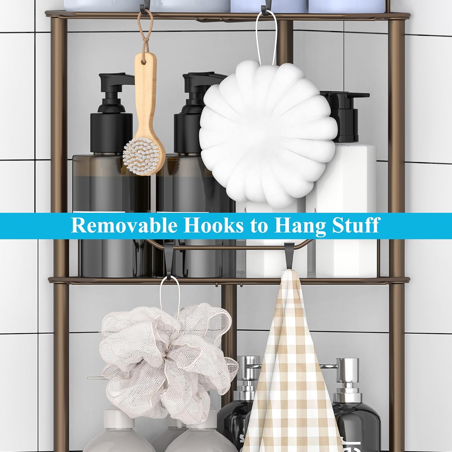 5 Tier Floor Standing Corner Shower Caddy Organizer Shelf with Hooks, Bathroom Shelves Stand Rack, Bronze