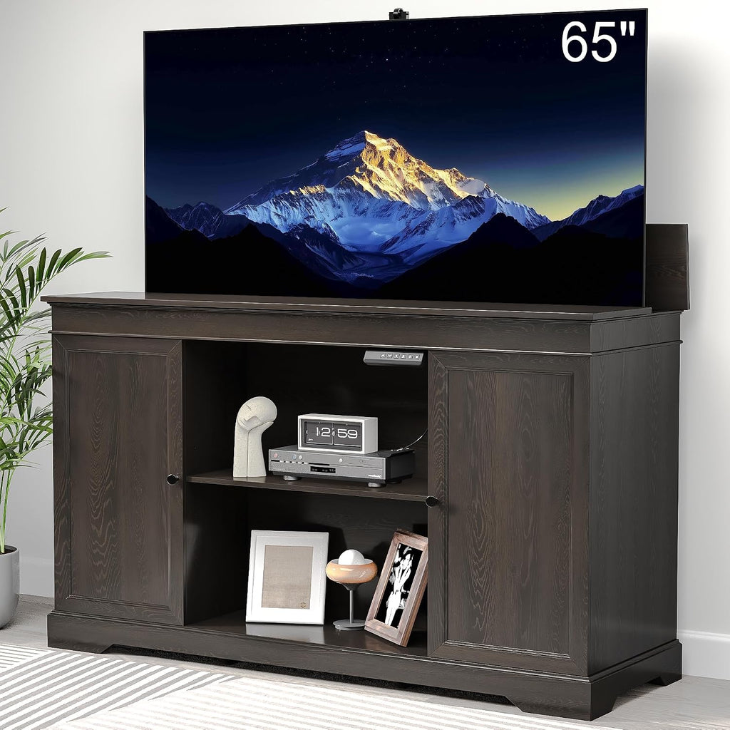 GDLF Hidden Motorized TV Lift Cabinet for 55-65 Inch TVs, Walnut | Remote control operation raises or lowers the screen, while interior compartments organize media devices and accessories