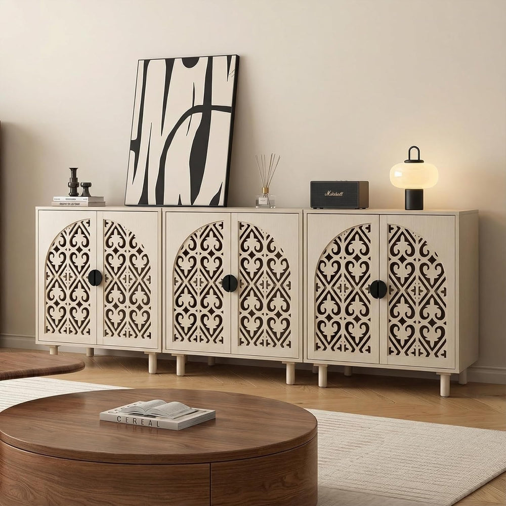 Decorative Storage Cabinet Sideboard with Hollow Carved Panels, 2 Doors, Natu...