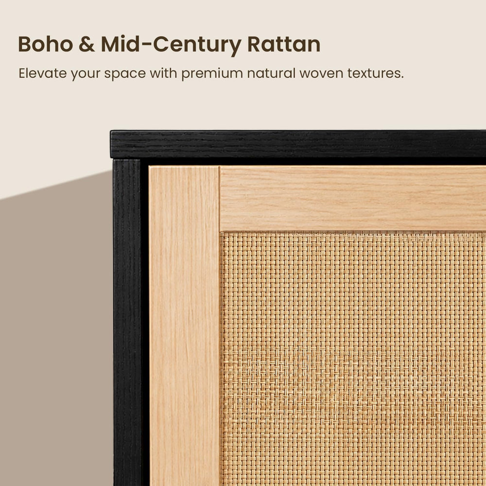 GREEN PARTY 47" Black Rattan Sideboard Buffet Cabinet, Coffee Bar Cabine...