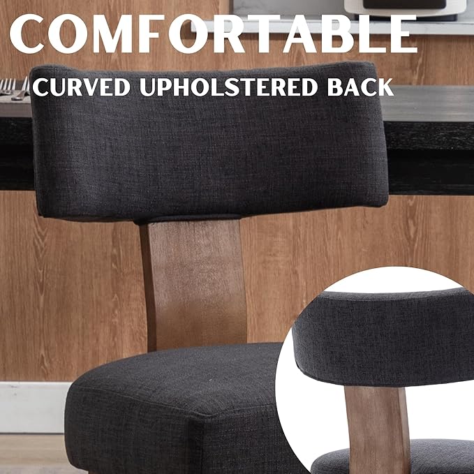 Linen Dining Chairs Set of 2, Modern Dining Chair with Curved Backrest and Wood Legs Upholstered Dining Chairs Farmhouse Dining Room Chairs Kitchen Chairs, Charcoal
