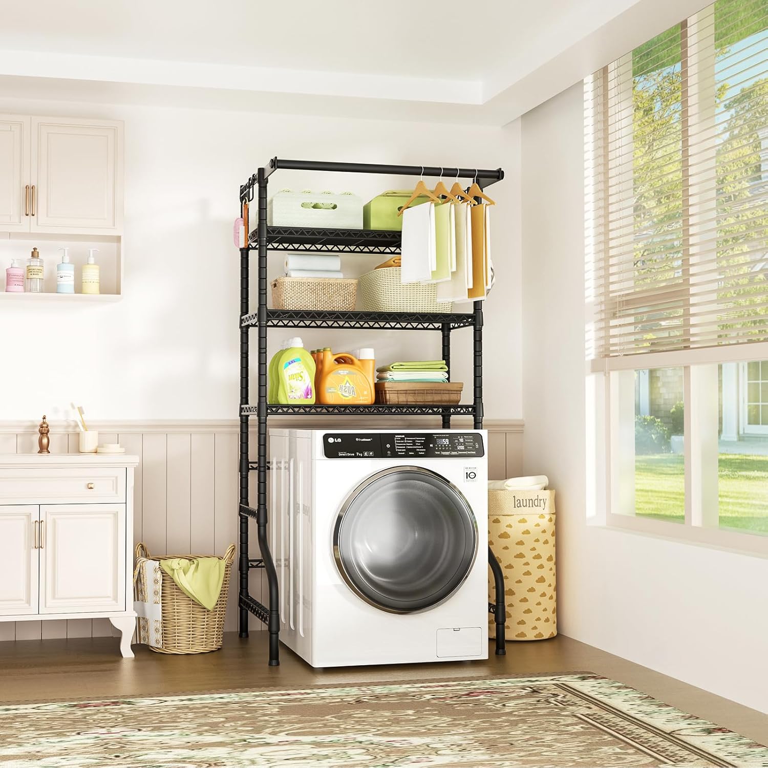 Ulif U11 Over Washer and Dryer Shelves, 3 Tiers Laundry Room Storage and Organizer Standing Shelf, Metal Freestanding Clothes Drying Rack, 33.9" W x 19.7" D x 77.6" H, Black