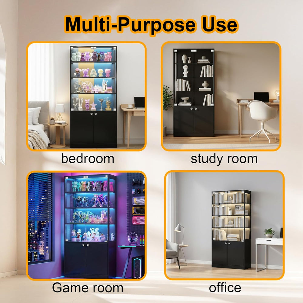 Display Cabinet with Glass Door - 7-Tiers Curio Cabinet Display Case with RGB...