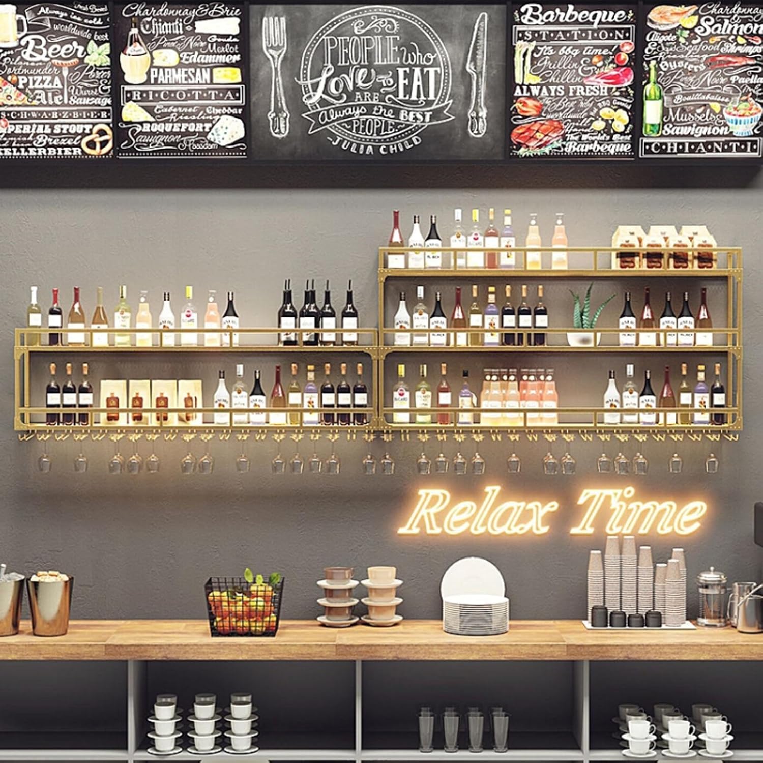 70.8in Wall Mounted Wine Rack, Wine Rack Wall Mounted with Wine Glass Rack, Metal Bar Bottle Display Shelf Wine Cups Hanging Holder, for Home Bar Cafe Decoration (Gold, 70.8 * 10 * 35.5IN)