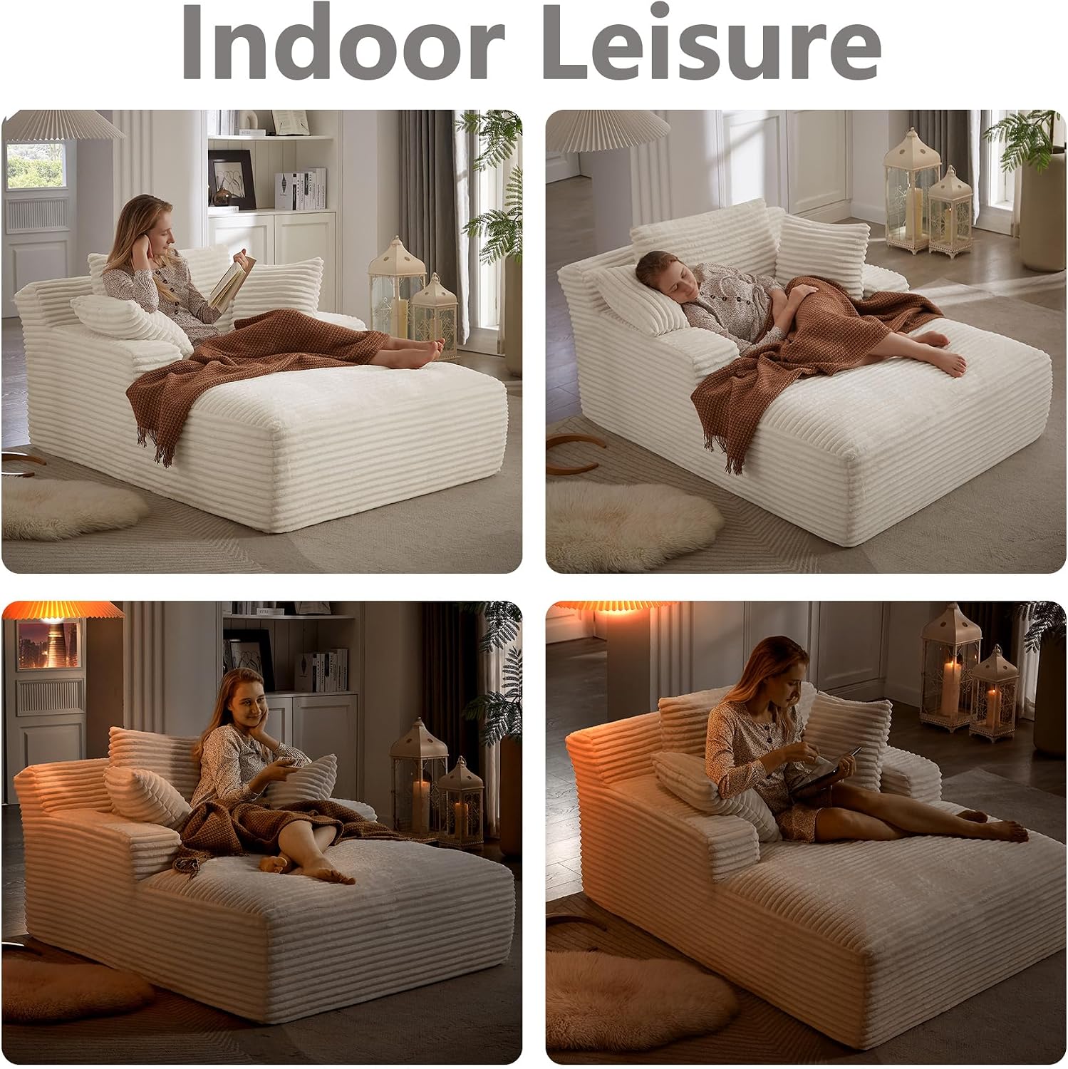67 Inch Oversized Chaise Lounge Sofa Chair Indoor with 2 Pillows & Armrest, Comfy Upholstered Corduroy Single Sleeper Sofa Chair Bed for Living Room & Bedroom, No Assembly Required (White)