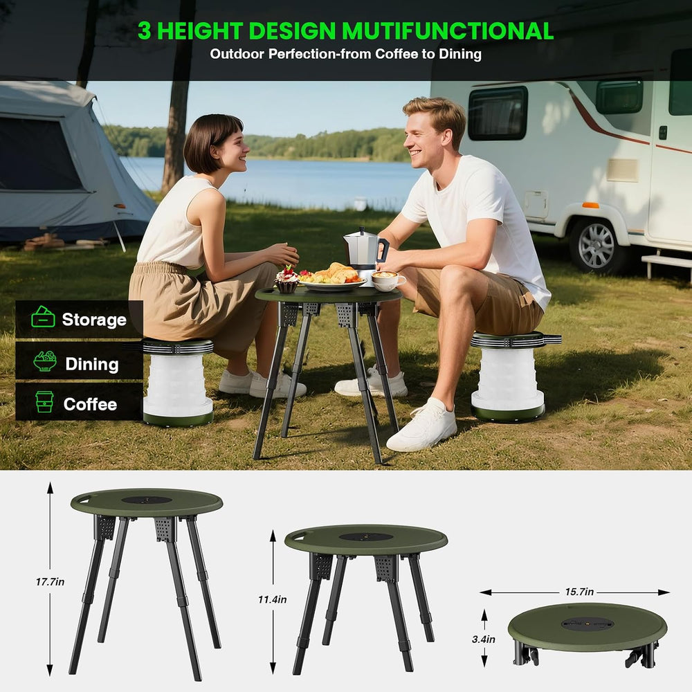 LED Camping Table Set with Stools, 300lbs Capacity Adjustable Height Folding ...