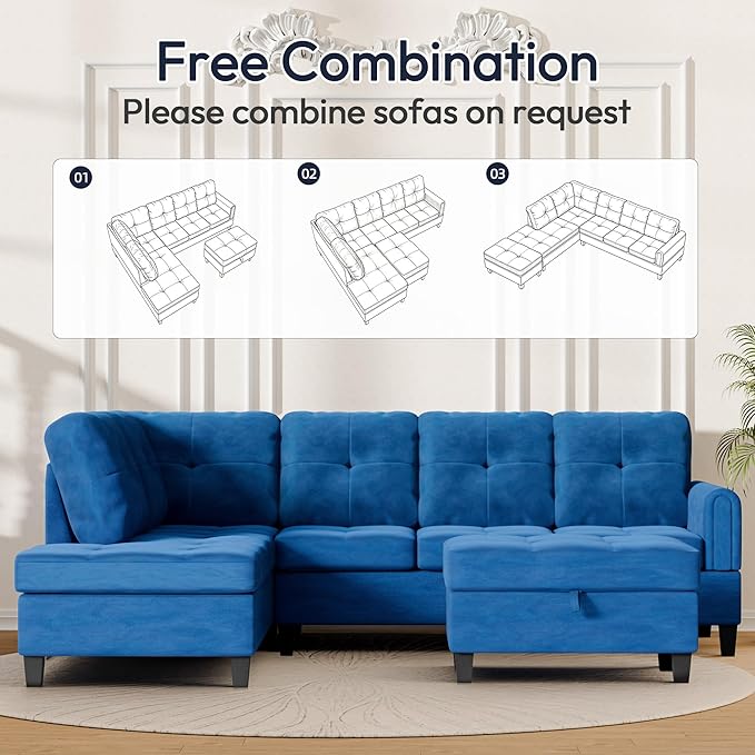 Sectional Couches for Living Room with Movable Chaise & Storage Ottoman - 97.5" Velvet L Shaped Couches for Living Room Apartment, 4 Seat Home Furniture Modular Sectional Sofas, Blue