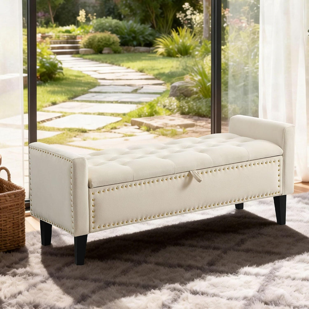 47in Velvet Storage Ottoman Bench with Arms, Upholstered Storage Bench with W...