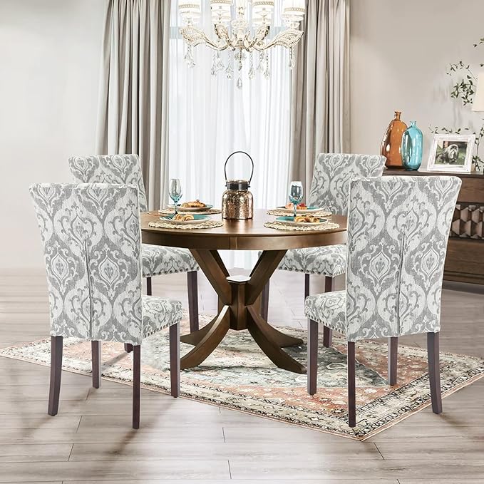 COLAMY Upholstered High Back Dining Chairs Set of 6 with Solid Rubber Wood Legs, Fabric Dining Room Chairs with Comfortable Padded Seat for Dining Room, Classic Gray Damask Pattern, Cloudy Gray Damask