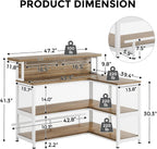 L-Shaped Home Bar Unit, Bar Table with Storage, Brown & White | Wine Glasses Holder and LED Light, Kitchen & Dining Counter Tables for Home, Pub