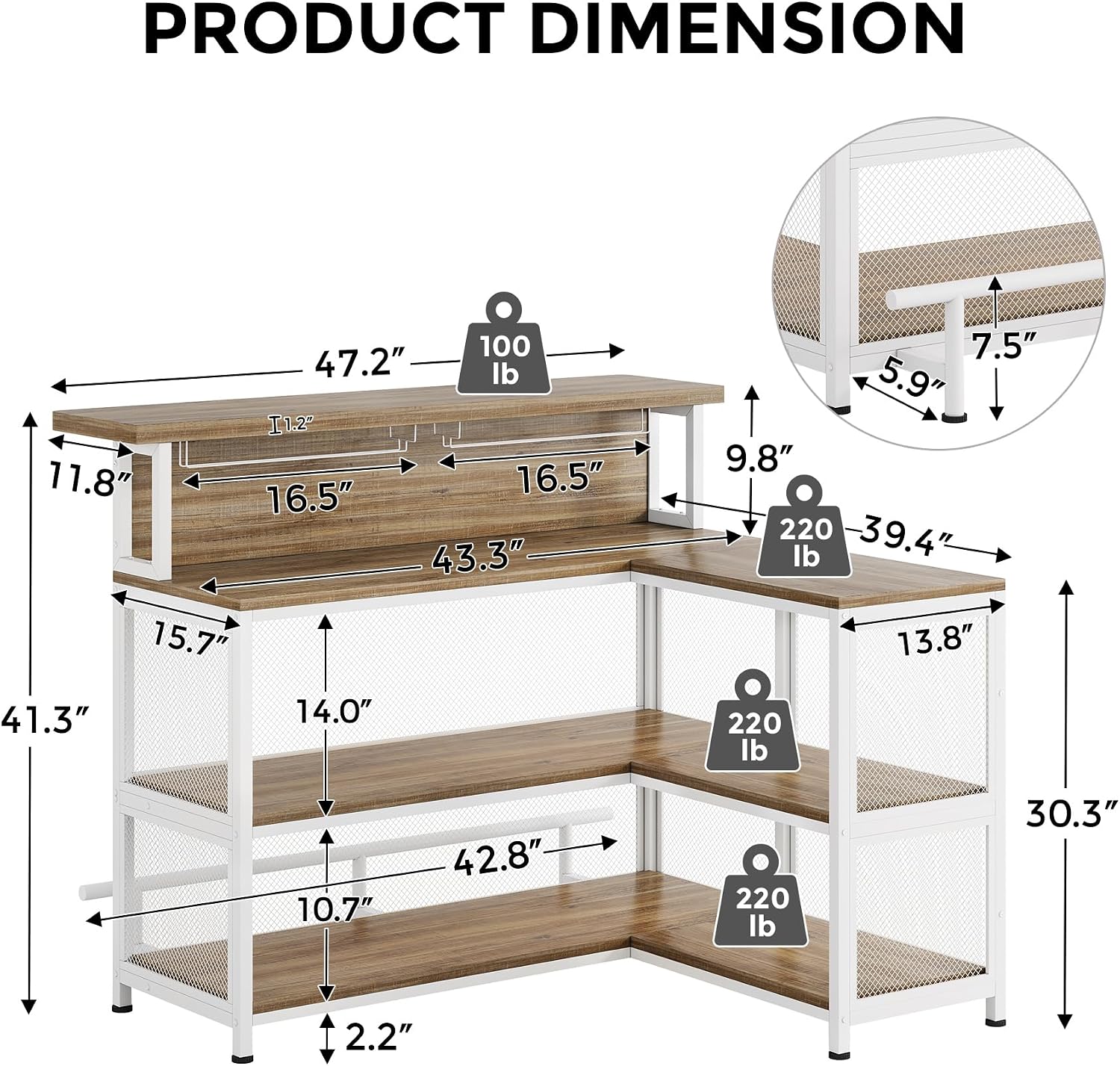 L-Shaped Home Bar Unit, Bar Table with Storage, Brown & White | Wine Glasses Holder and LED Light, Kitchen & Dining Counter Tables for Home, Pub