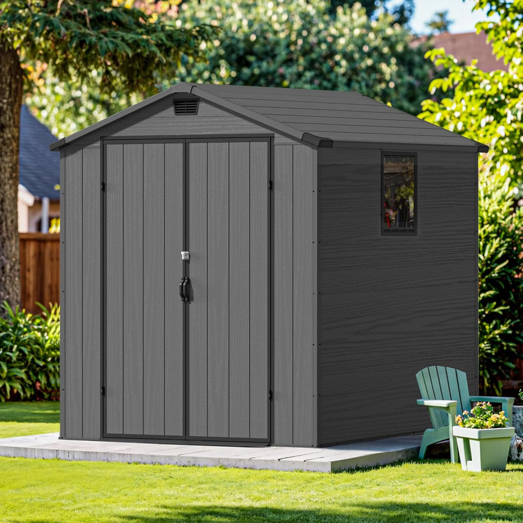 Devoko 6x6 FT Plastic Outdoor Storage Shed - Lockable Resin Tool Shed with Window & Floor - Easy Assembly for Garden, Backyard, Dark Gray