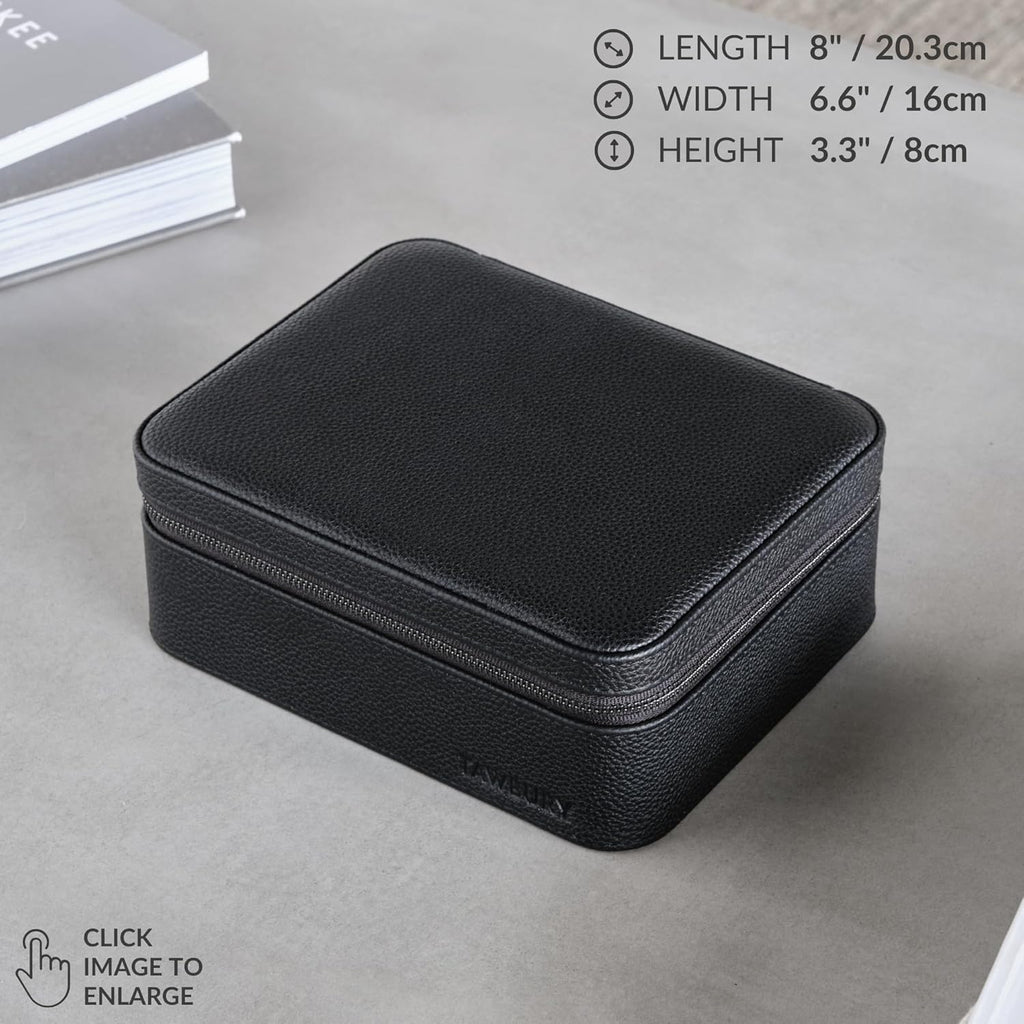 TAWBURY 3 Slot Watch Case Plus Storage – Luxury Leather Watch Travel Case for Men | Black Watch Cases for Men Travel | Traveling Watch Holder for Men | Black Watch Roll Case | 3 Watch Box for Men