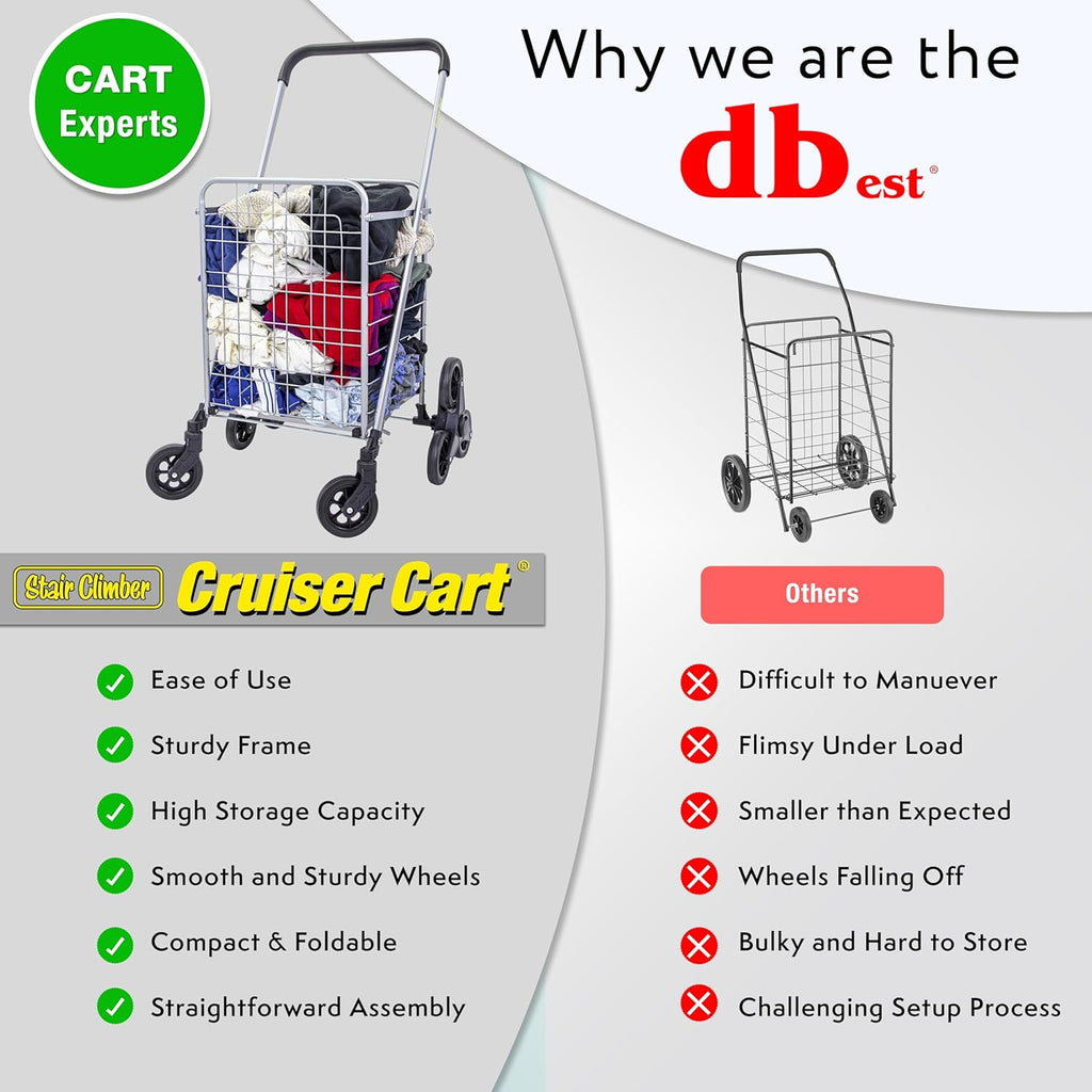 dbest products Stair Climber Cruiser Cart Shopping Grocery Rolling Folding Laundry Basket on Wheels Foldable Utility Trolley Compact Lightweight Collapsible, Silver