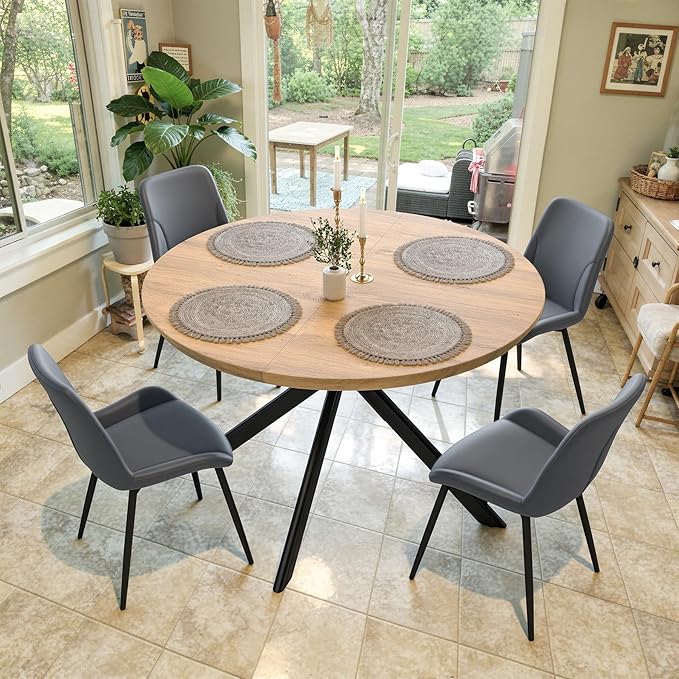 47.2" 5-Piece Round Dining Table Set for 4, Modern Wood Dining Table with 4 Upholstered Chairs, Kitchen & Dining Room Table Set with Metal Base for Apartment, Small Space, Natural Table+4 Grey Chairs