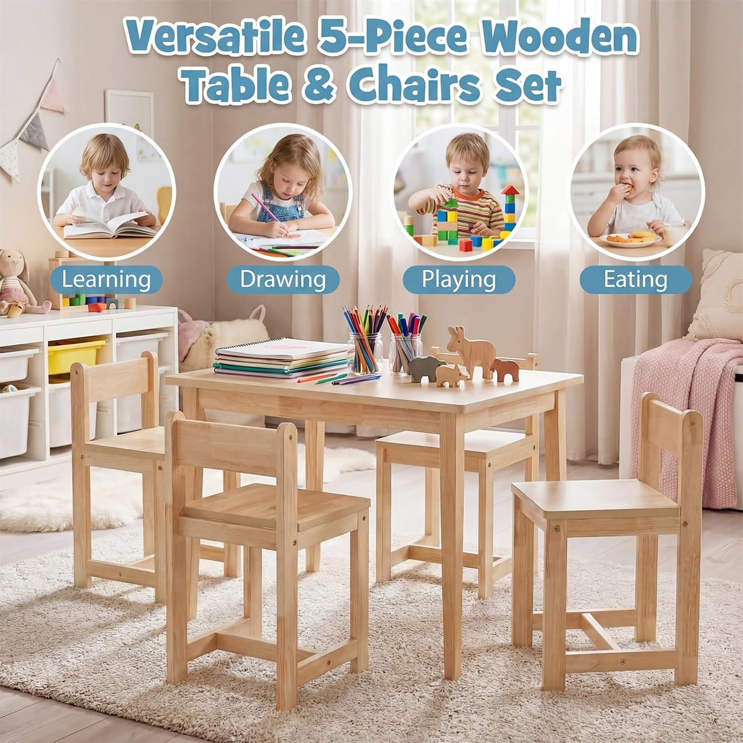HONEY JOY Kids Table and Chairs, Wooden Activity Table with 4 Chairs Set for Crafts, Homework, Drawing & Snack Time, 5-Piece Playroom and Kindergarten Furniture Set for Children Ages 4+ (Natural)